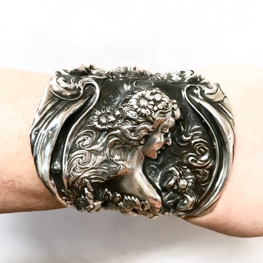 Antique Unger Bros Sterling Silver Cuff Bracelet Victorian 925 Lady Face - Picture 2 of 9
